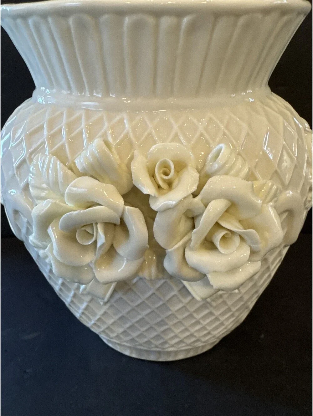 Vintage Porcelain Ivory Floral Vase Diamond Pattern Basket Weave  7” W X 7.5” H